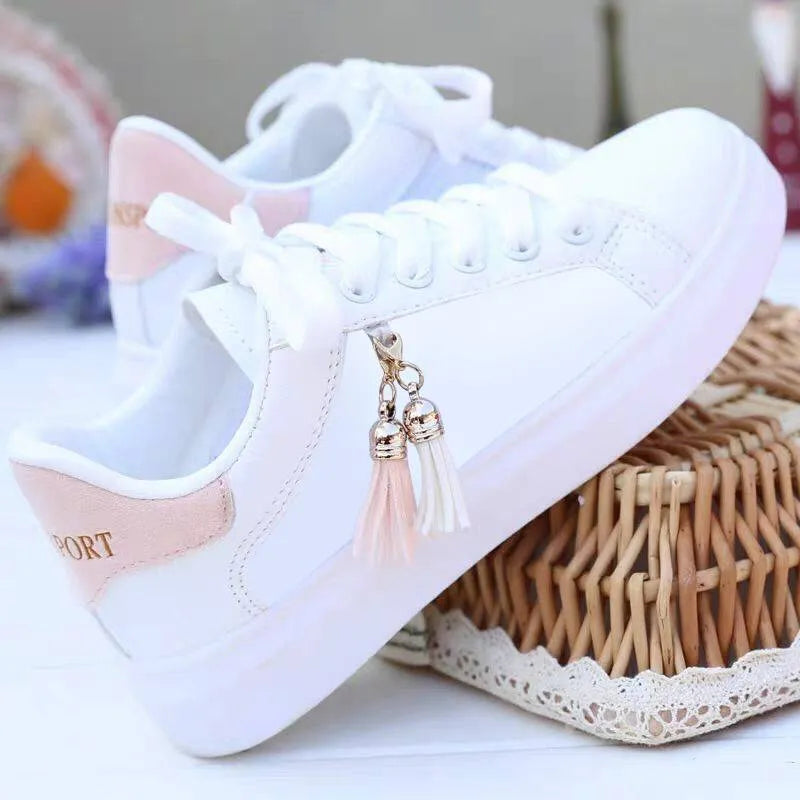 White mesh flat shoes for women with rubber sole, shown in pink and black colour options.