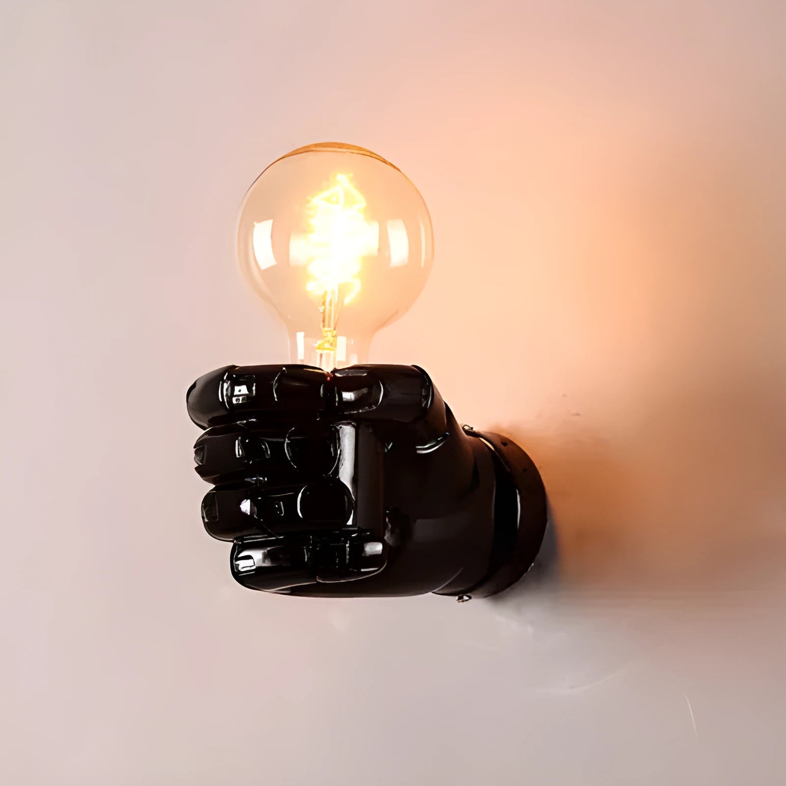 Creative resin fist sculpture wall lamp in black, white, or wood grain finish for left or right hand mounting.