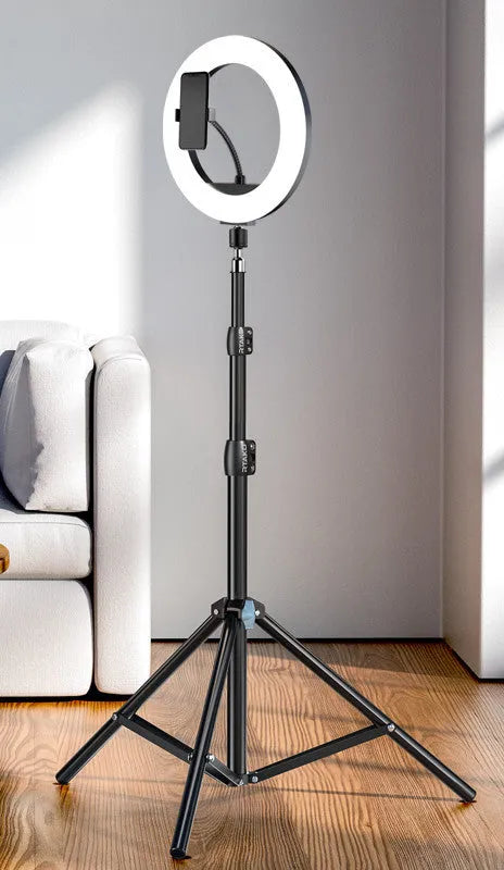 Carbon alloy steel phone tripod with a ring light, shown extended to its full height.