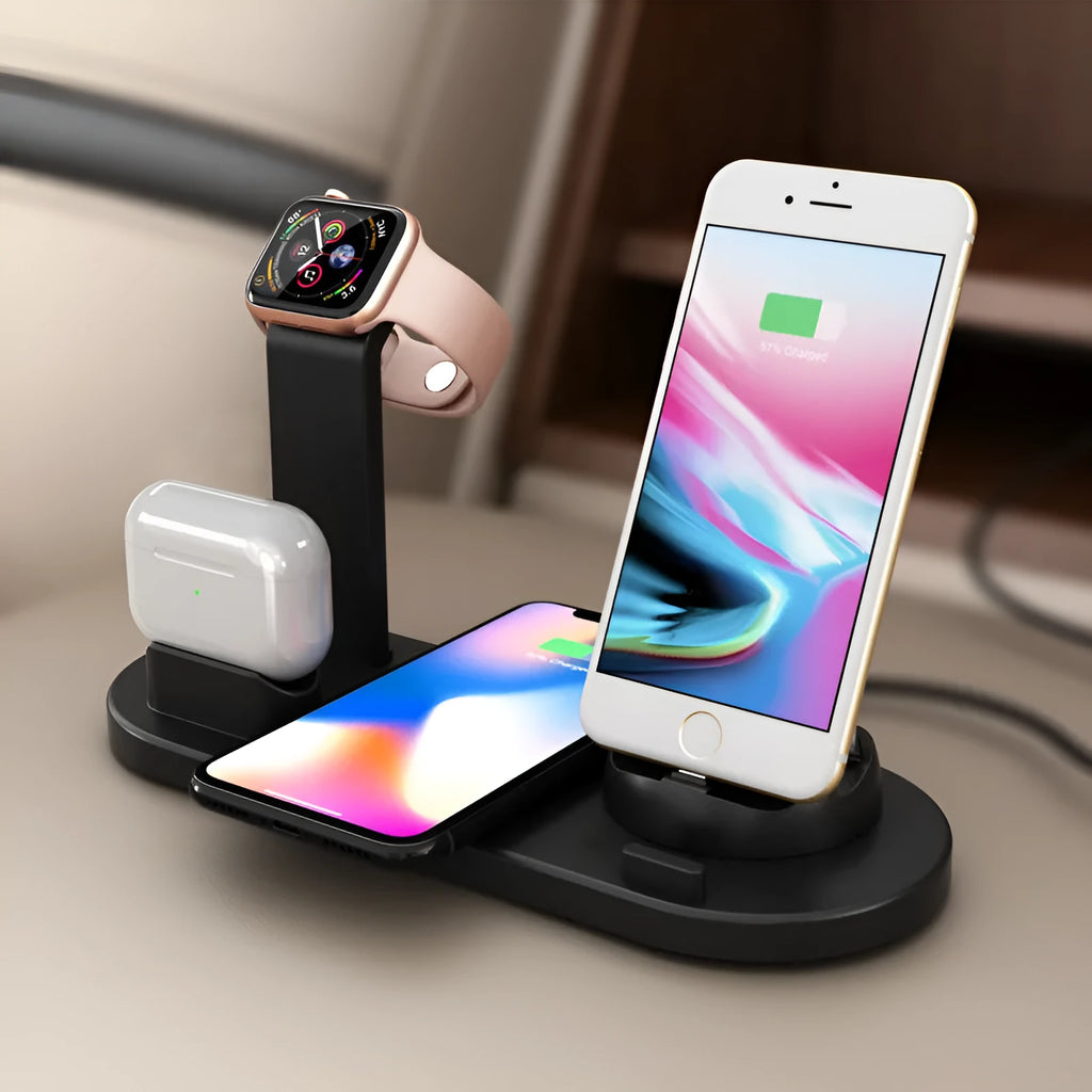 Three-in-one wireless charging station with adjustable bracket for watch and headset charging in black or white
