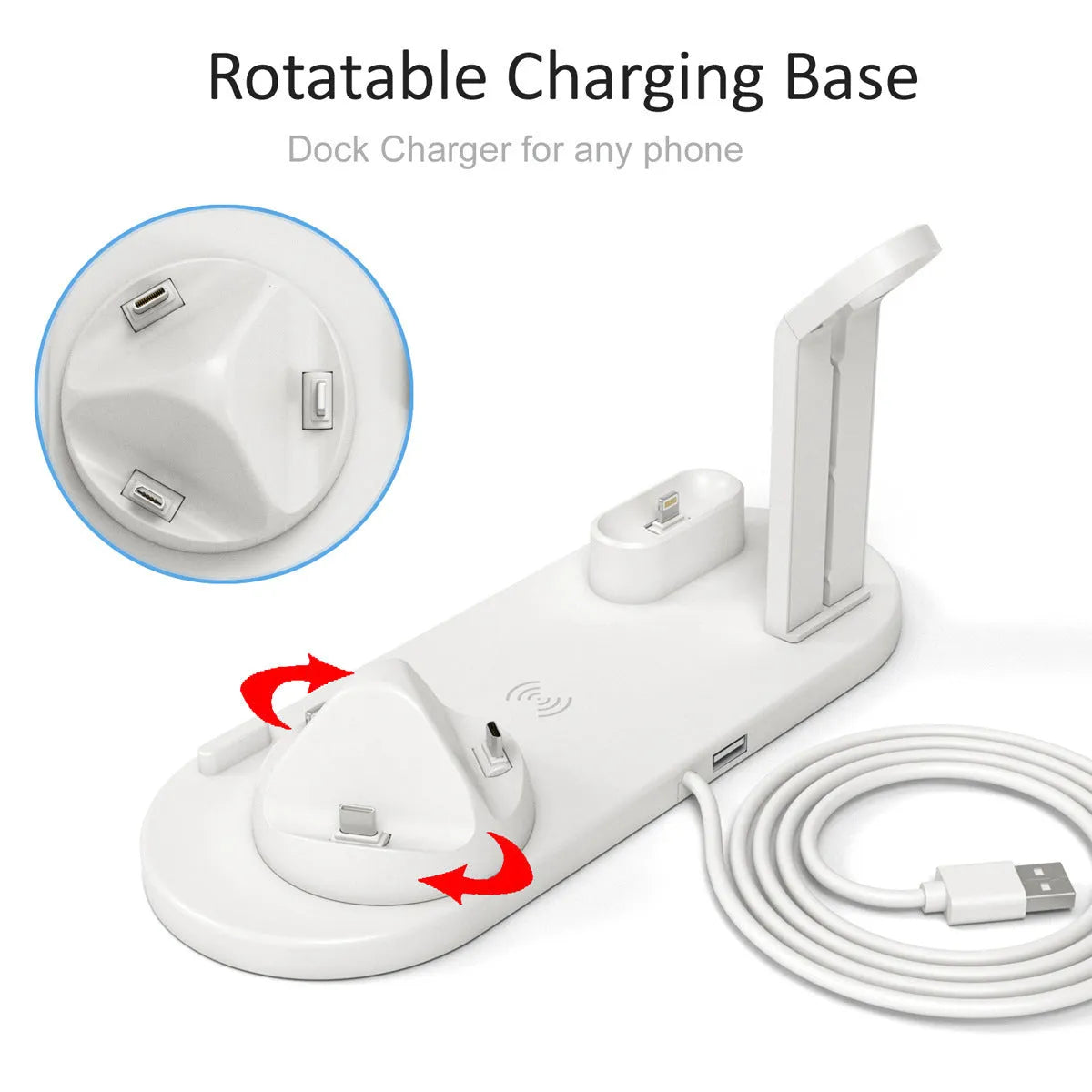 Three-in-one wireless charging station with adjustable bracket for watch and headset charging in black or white