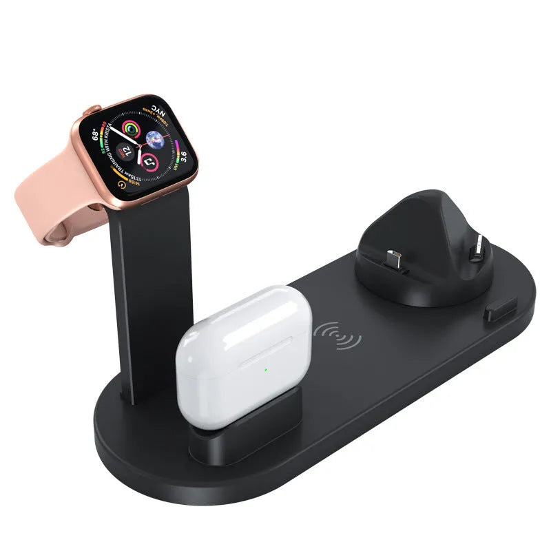 Three-in-one wireless charging station with adjustable bracket for watch and headset charging in black or white