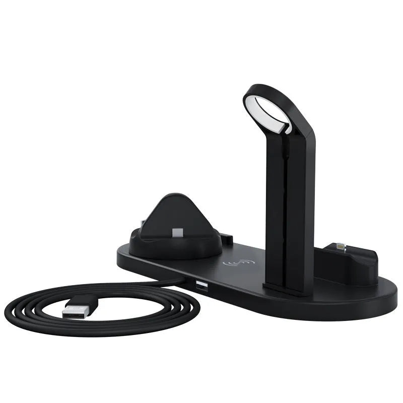 Three-in-one wireless charging station with adjustable bracket for watch and headset charging in black or white