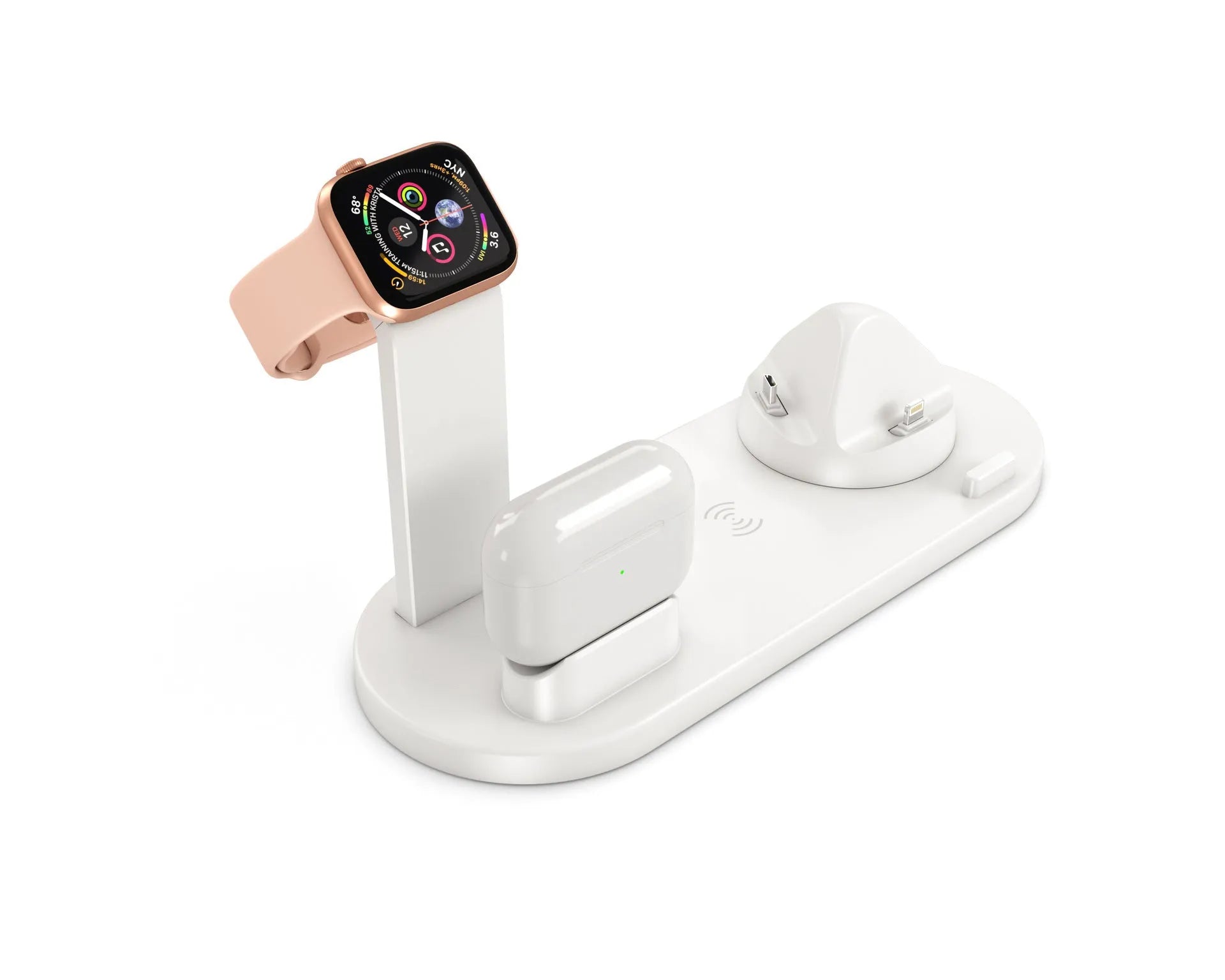 Three-in-one wireless charging station with adjustable bracket for watch and headset charging in black or white