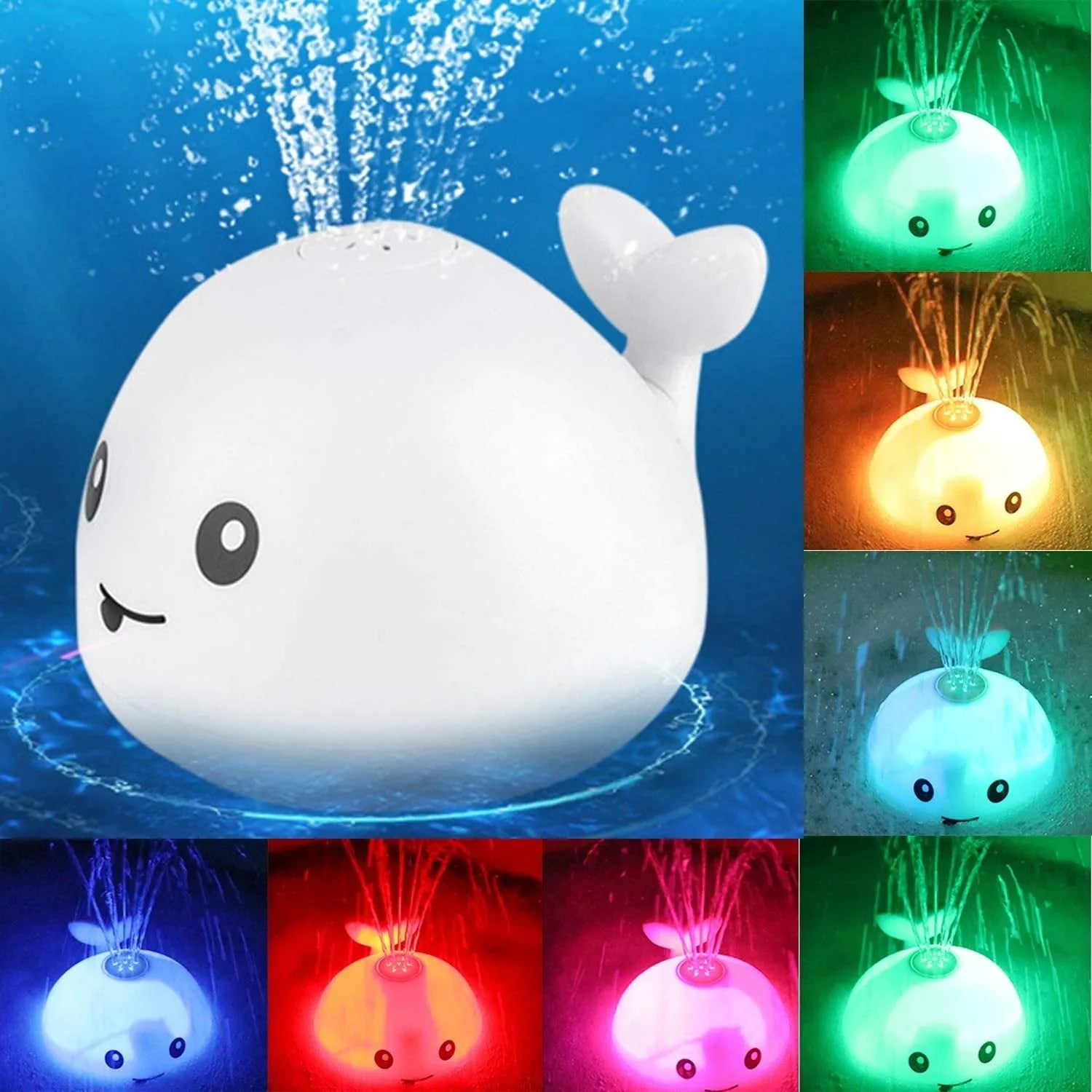 Automatic water spray whale bath toy floating in water with fountain and LED lights