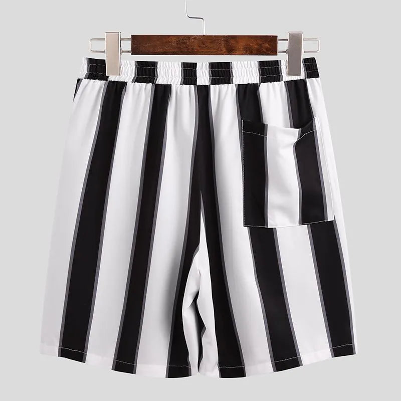 Men's summer striped beach pyjama set in black 100% polyester short-sleeved top and shorts