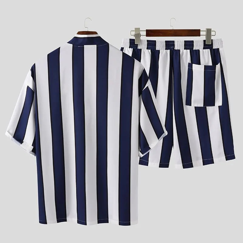 Men's summer striped beach pyjama set in black 100% polyester short-sleeved top and shorts