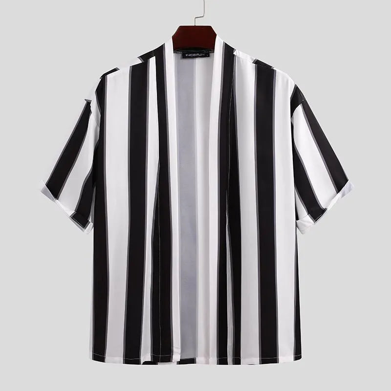 Men's summer striped beach pyjama set in black 100% polyester short-sleeved top and shorts