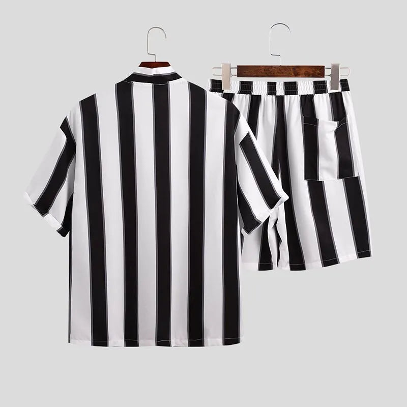 Men's summer striped beach pyjama set in black 100% polyester short-sleeved top and shorts