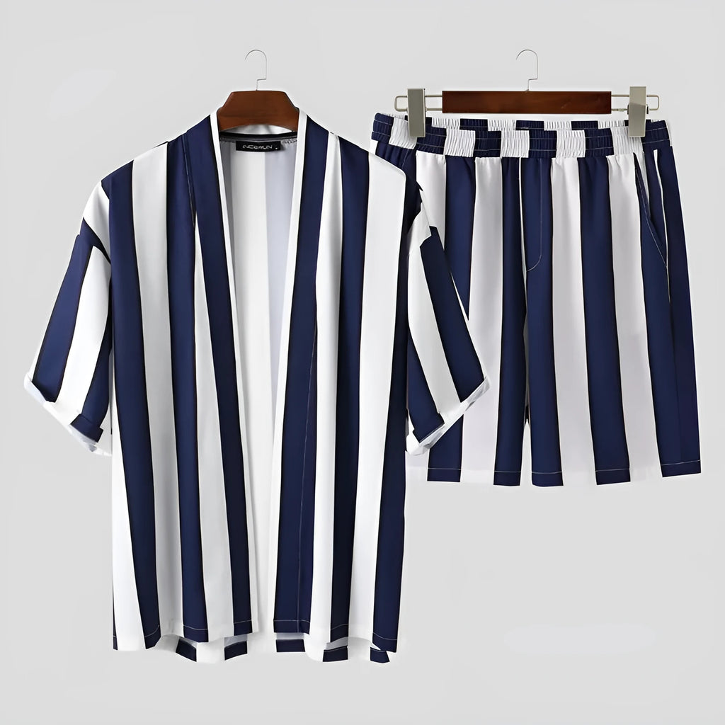 Men's summer striped beach pyjama set in black 100% polyester short-sleeved top and shorts