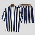 Men's summer striped beach pyjama set in black 100% polyester short-sleeved top and shorts