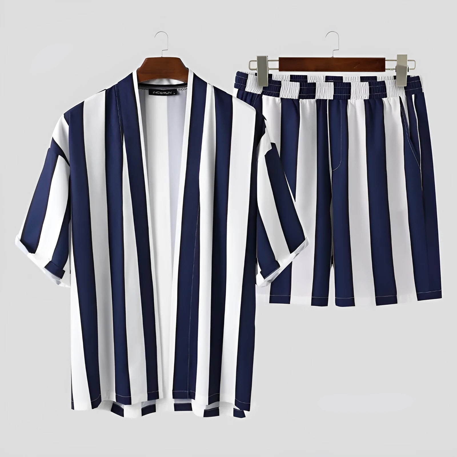 Men's summer striped beach pyjama set in black 100% polyester short-sleeved top and shorts