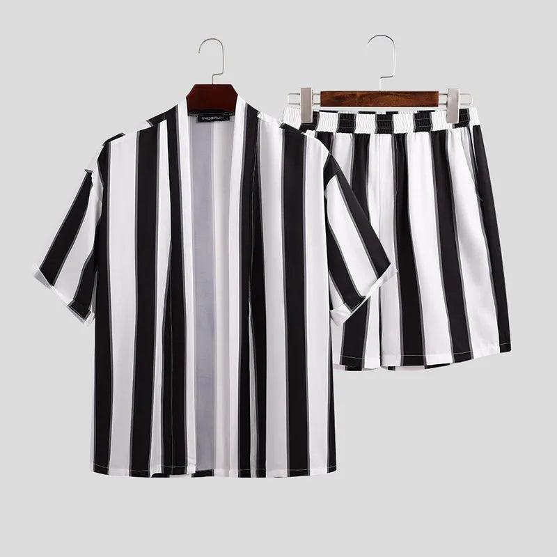 Men's summer striped beach pyjama set in black 100% polyester short-sleeved top and shorts