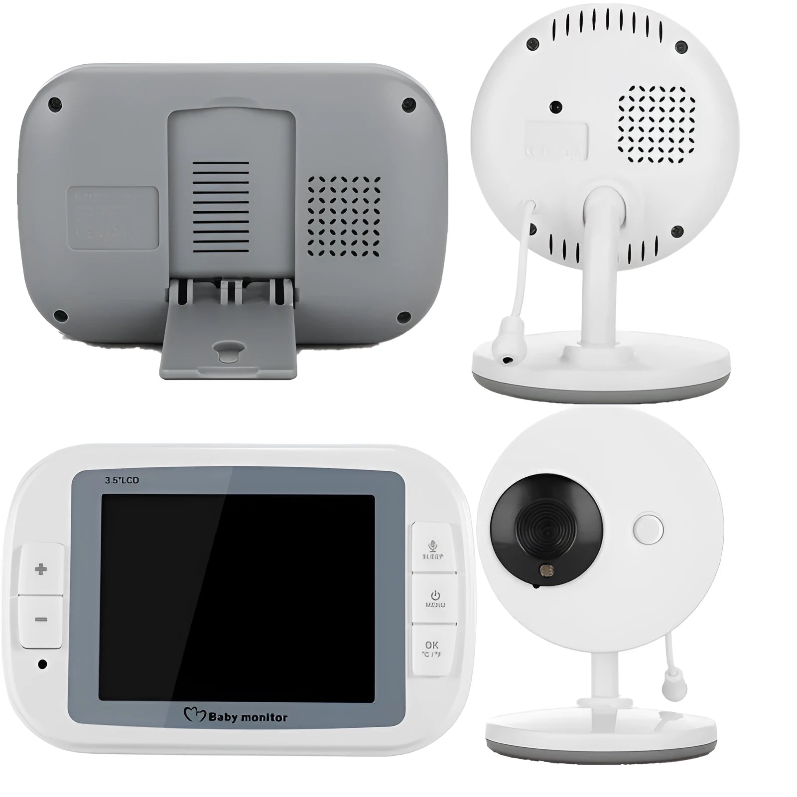 White 3.5 inch digital wireless baby monitor with UFO style camera and night vision capability