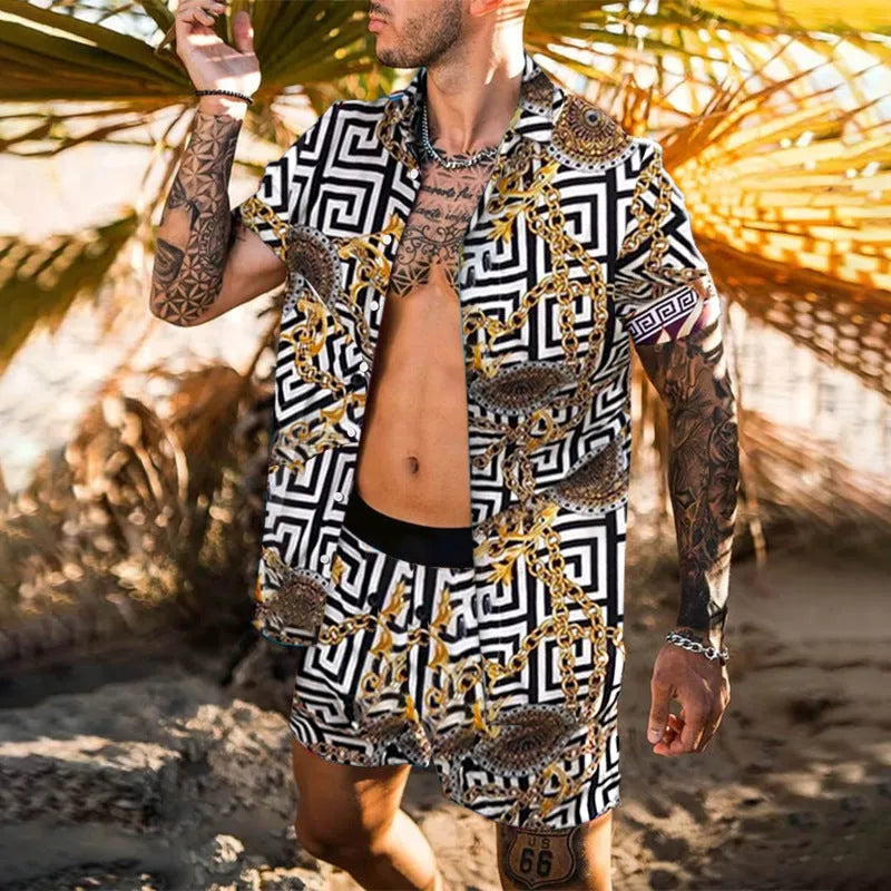 Men's Hawaiian set with polyester four-way stretch shirt and beach shorts, sizes S-XXXL, three styles