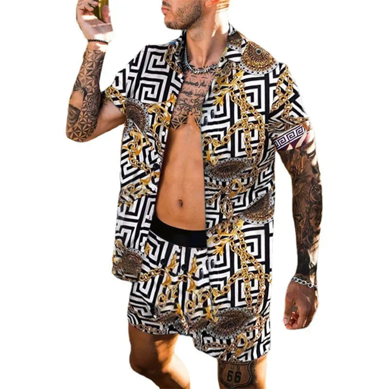 Men's Hawaiian set with polyester four-way stretch shirt and beach shorts, sizes S-XXXL, three styles