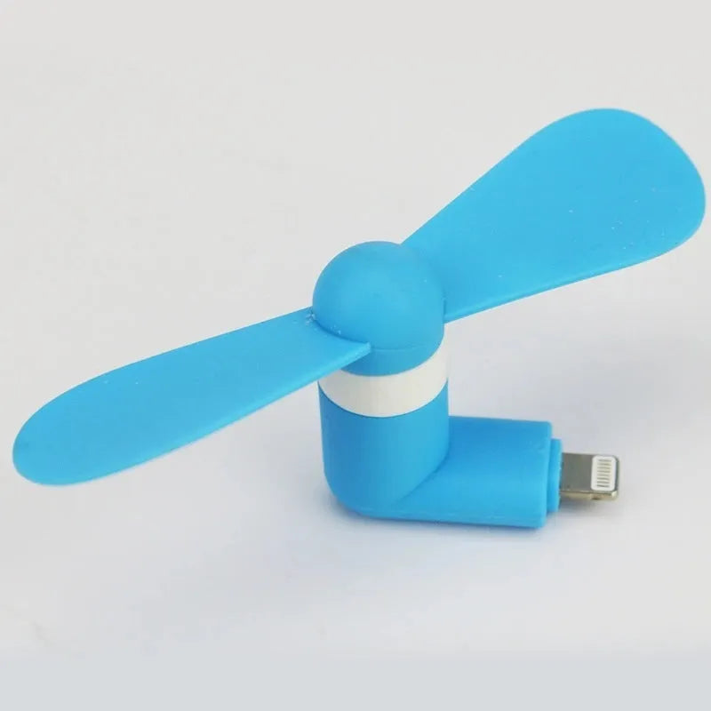 Portable smartphone mini fan in six colours showing USB connector and plastic blades