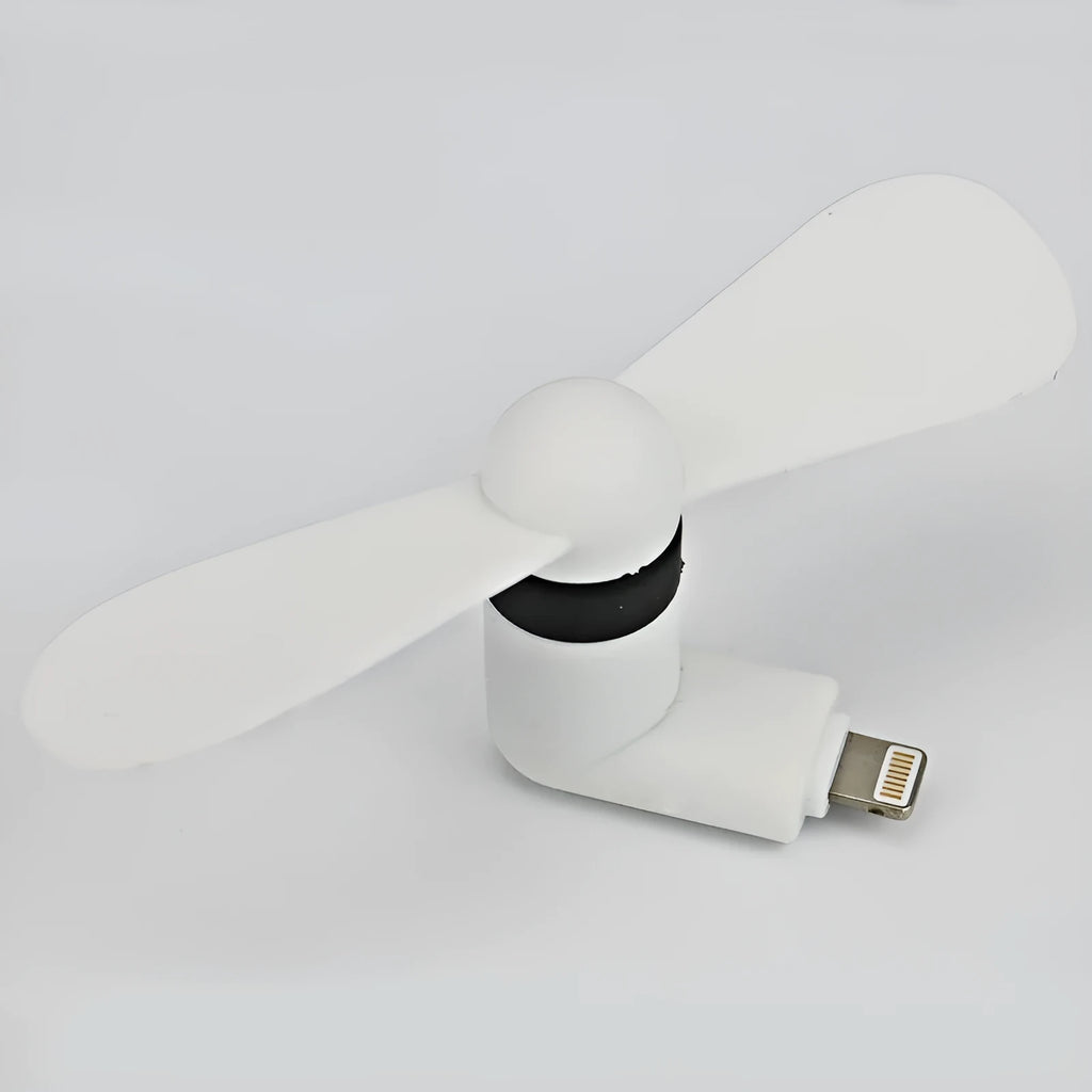Portable smartphone mini fan in six colours showing USB connector and plastic blades