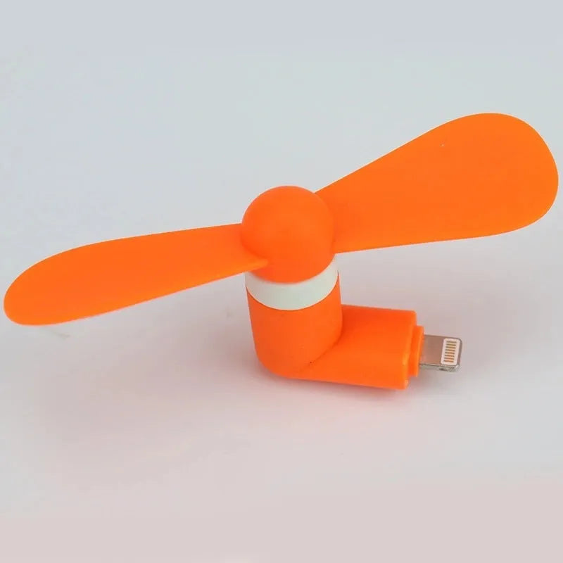Portable smartphone mini fan in six colours showing USB connector and plastic blades