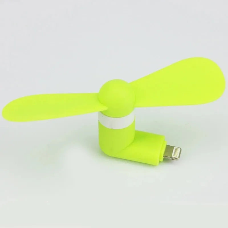 Portable smartphone mini fan in six colours showing USB connector and plastic blades