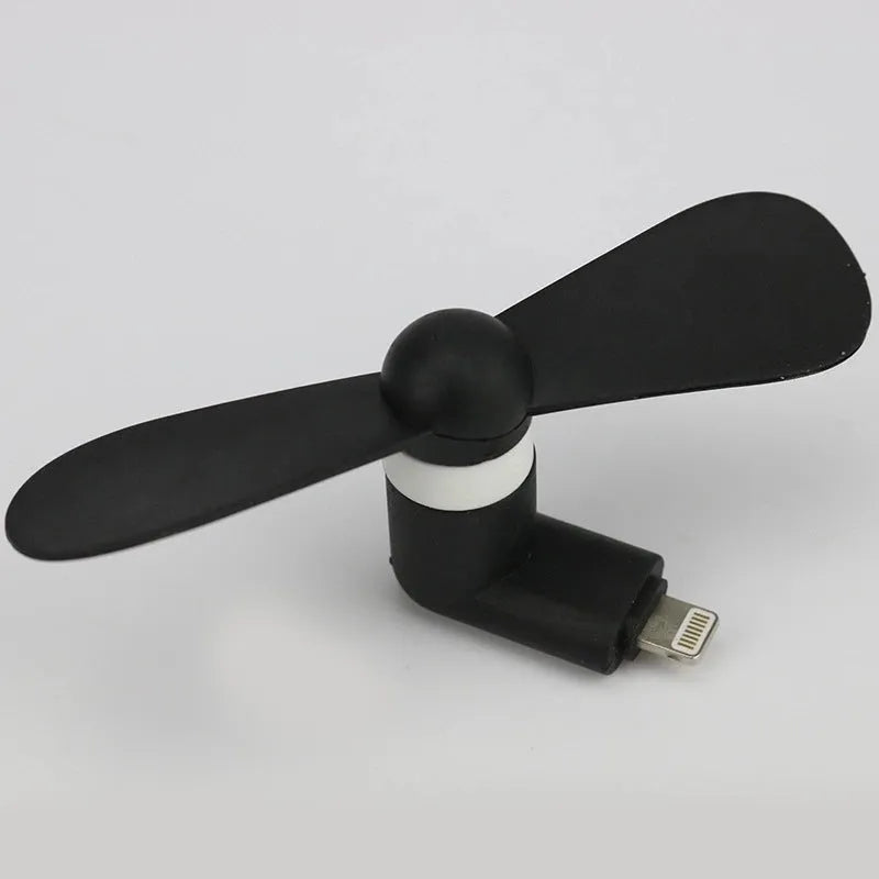 Portable smartphone mini fan in six colours showing USB connector and plastic blades