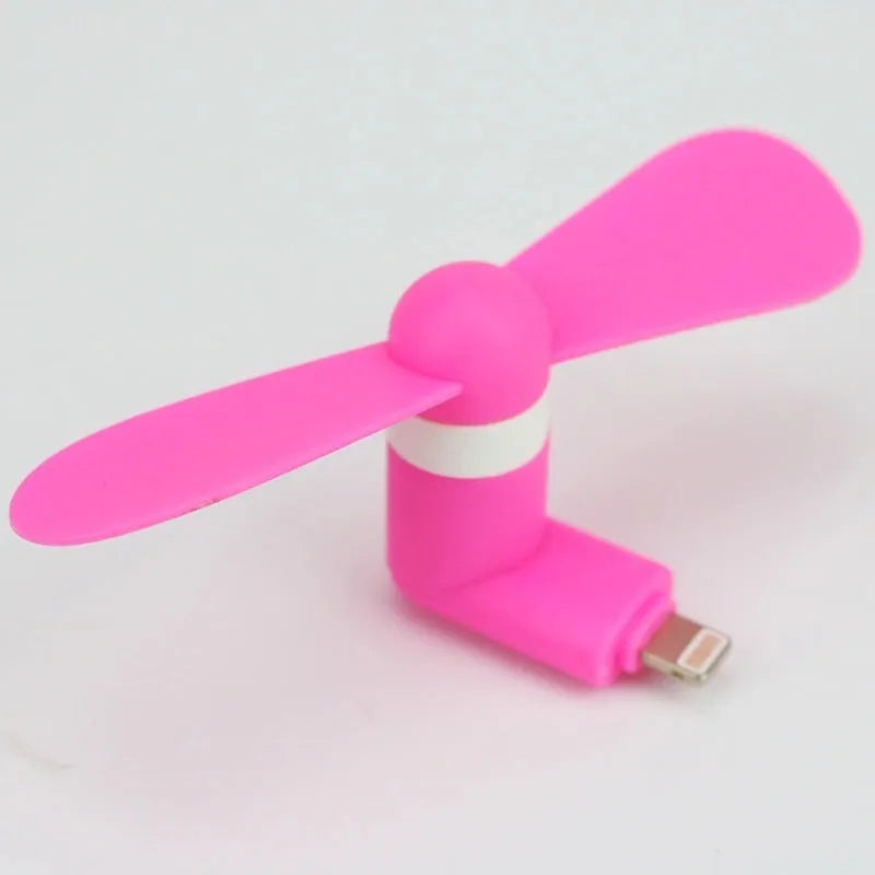 Portable smartphone mini fan in six colours showing USB connector and plastic blades