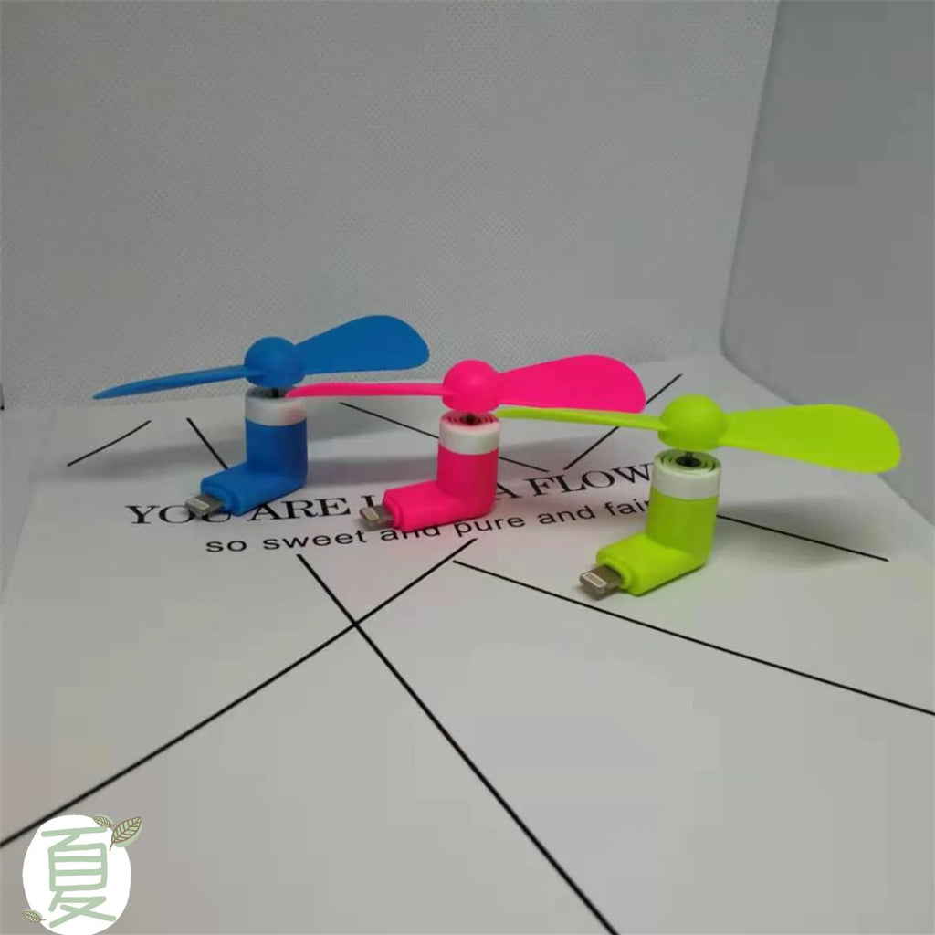 Portable smartphone mini fan in six colours showing USB connector and plastic blades