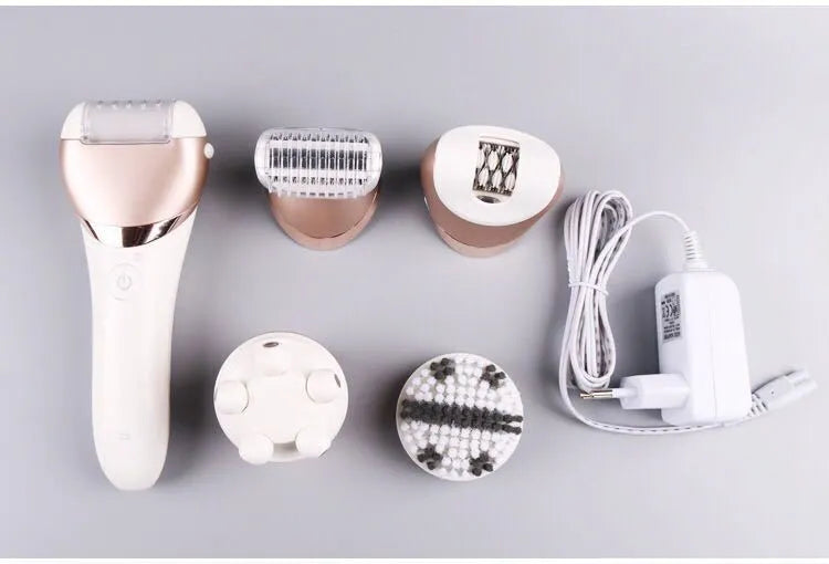 White five-in-one rechargeable ladies shaver plucker with whole body washing feature