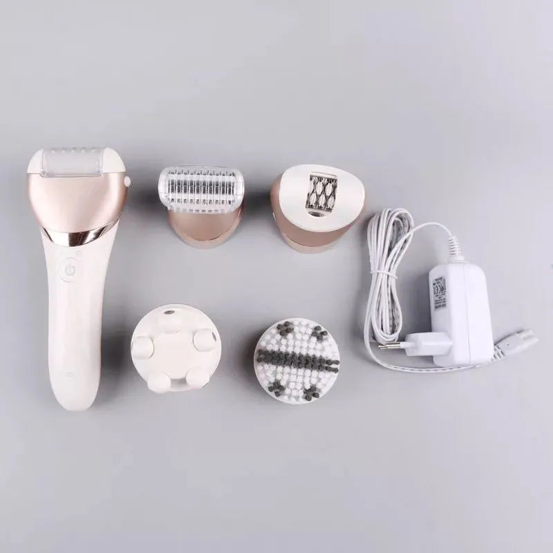White five-in-one rechargeable ladies shaver plucker with whole body washing feature