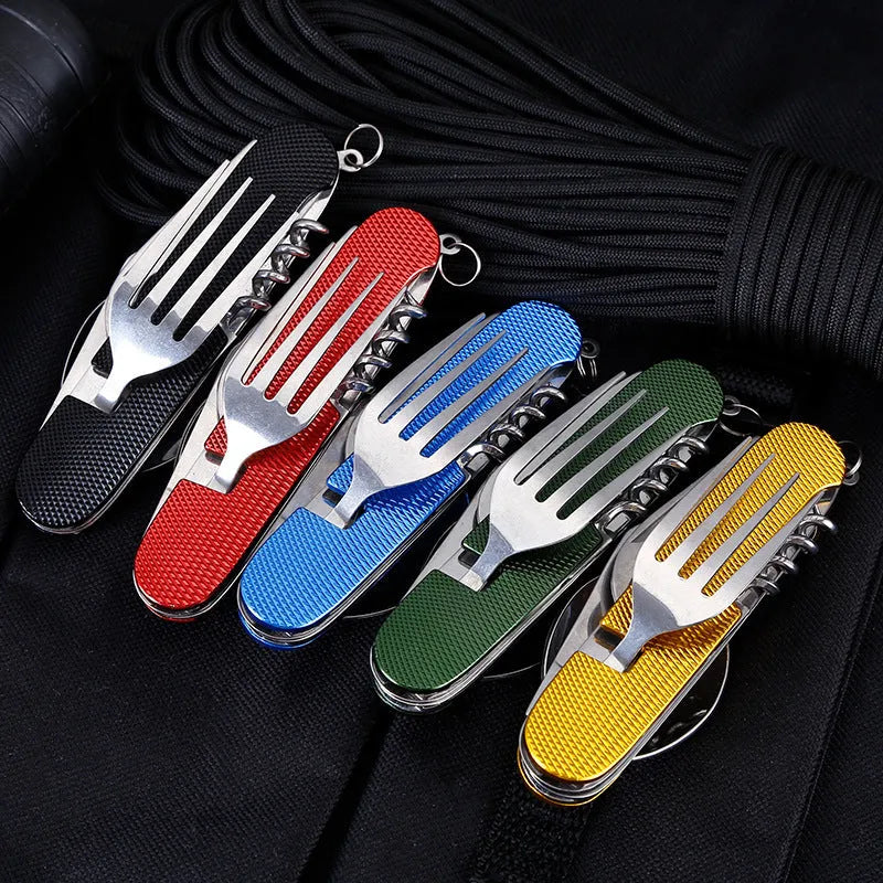 Outdoor portable gift knife stainless steel multifunctional foldable camping cutlery set with spoon fork and knife