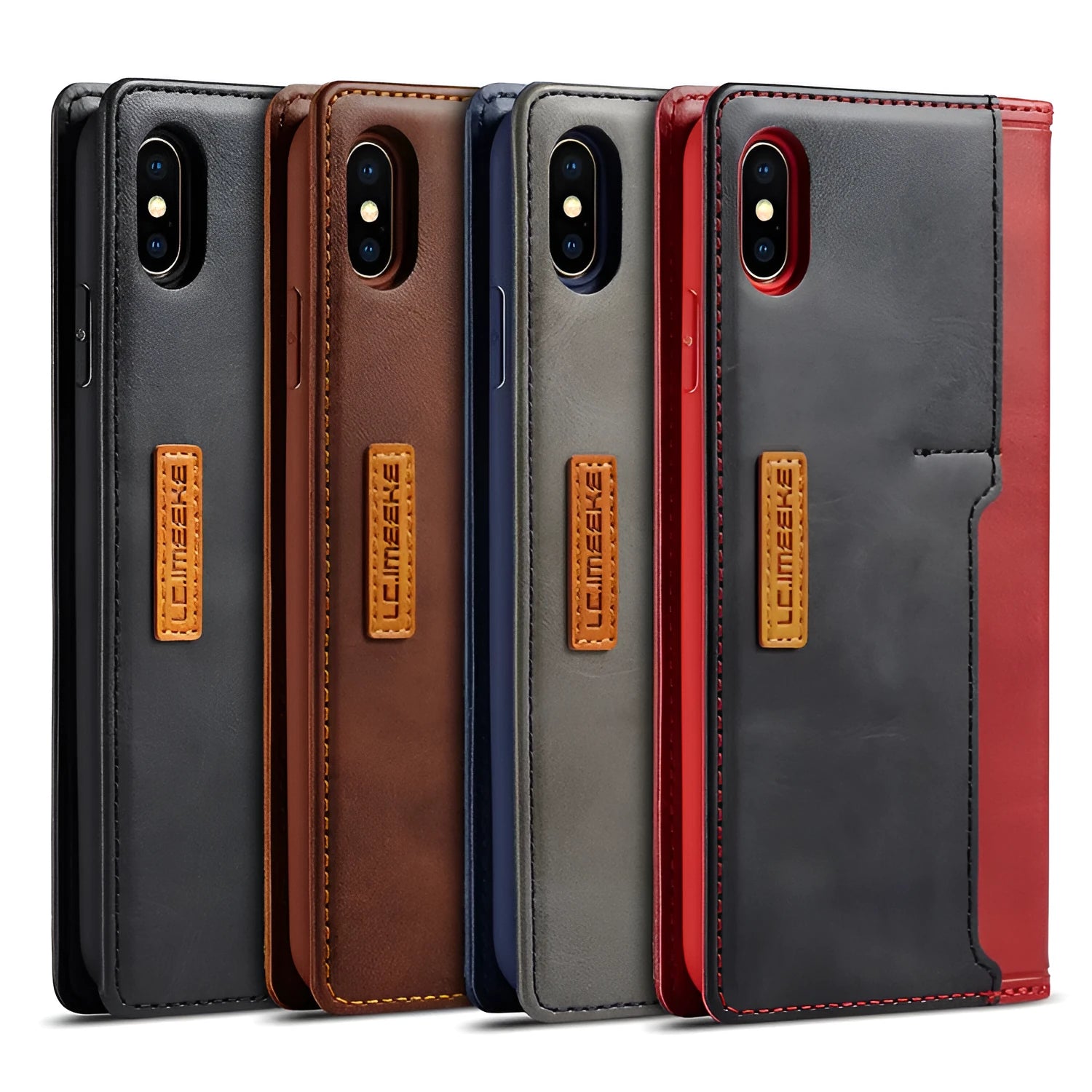 Retro brown leather flip wallet case for iPhone, open to show interior card slots.