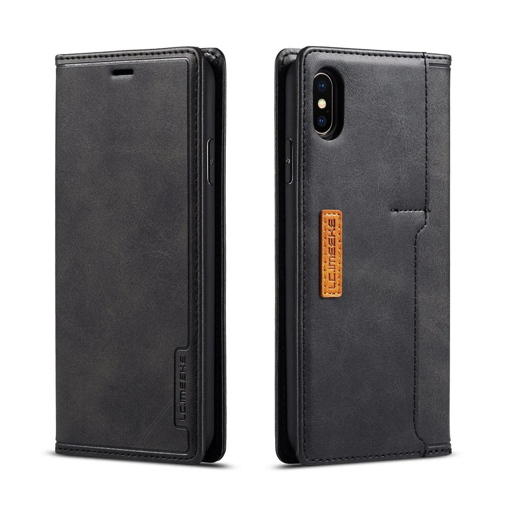 Retro brown leather flip wallet case for iPhone, open to show interior card slots.