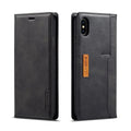 Retro brown leather flip wallet case for iPhone, open to show interior card slots.