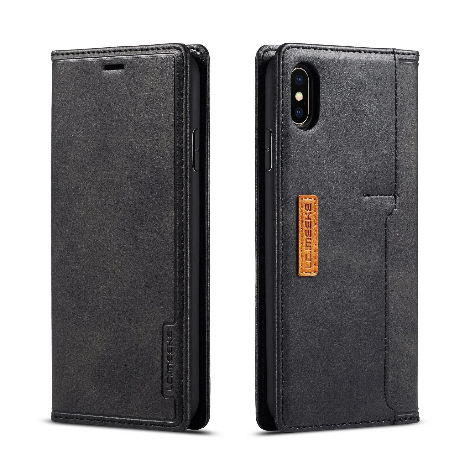Retro brown leather flip wallet case for iPhone, open to show interior card slots.