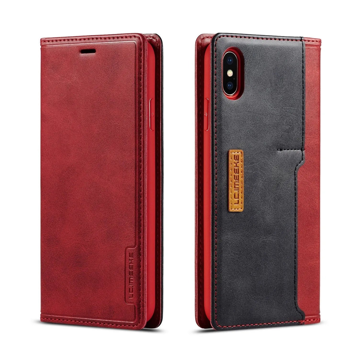 Retro brown leather flip wallet case for iPhone, open to show interior card slots.