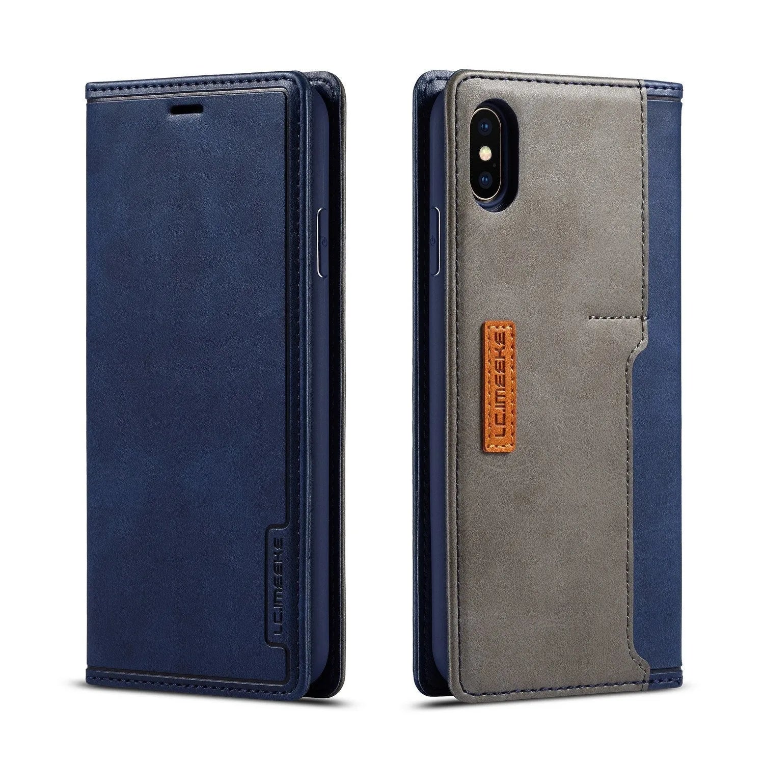 Retro brown leather flip wallet case for iPhone, open to show interior card slots.