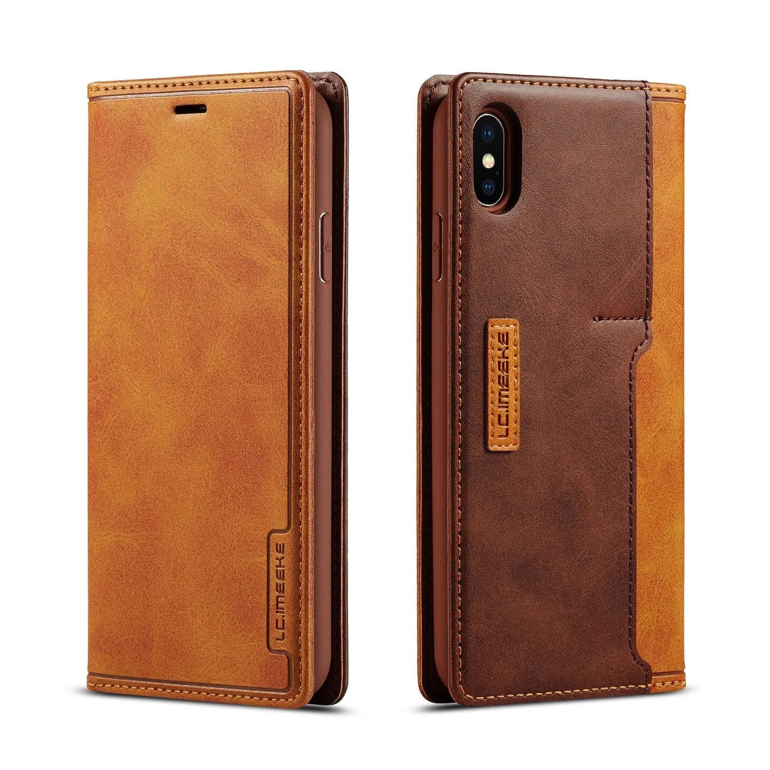 Retro brown leather flip wallet case for iPhone, open to show interior card slots.