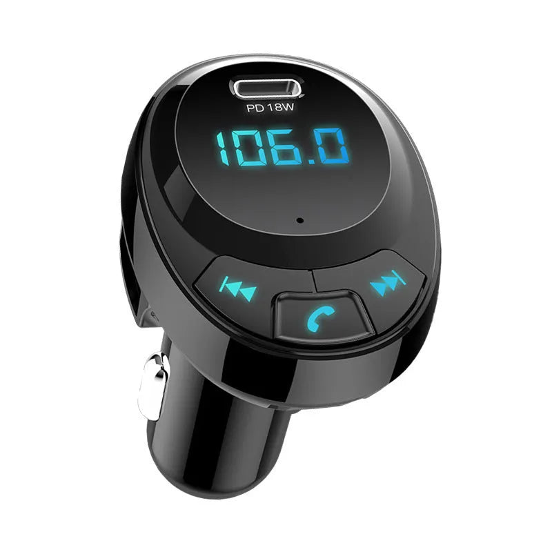 Black car MP3 charger with digital screen and dual USB ports for Bluetooth streaming and phone charging