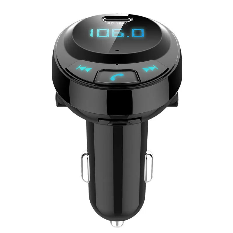 Black car MP3 charger with digital screen and dual USB ports for Bluetooth streaming and phone charging