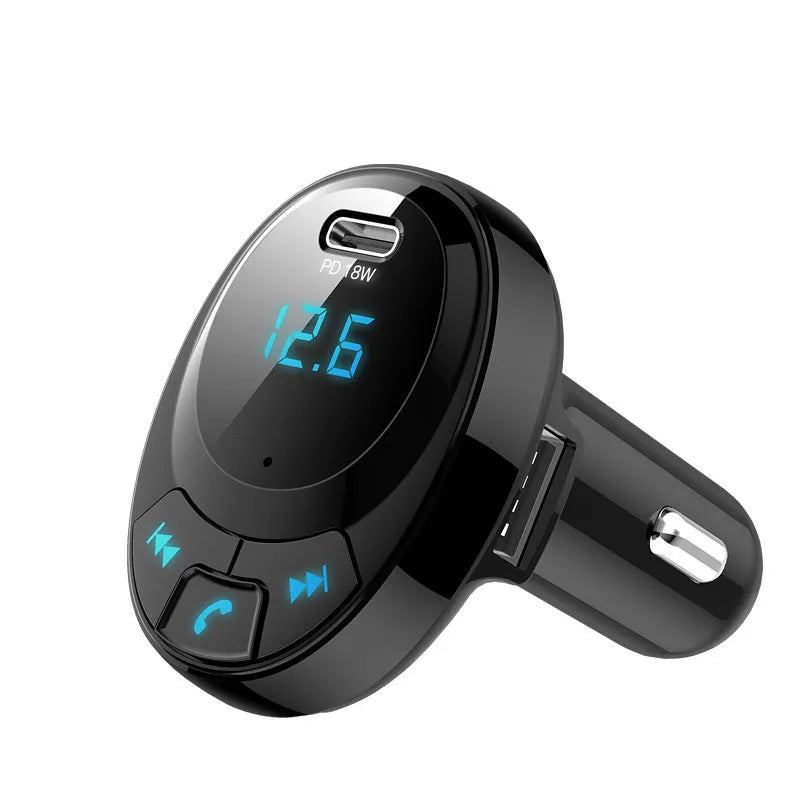 Black car MP3 charger with digital screen and dual USB ports for Bluetooth streaming and phone charging