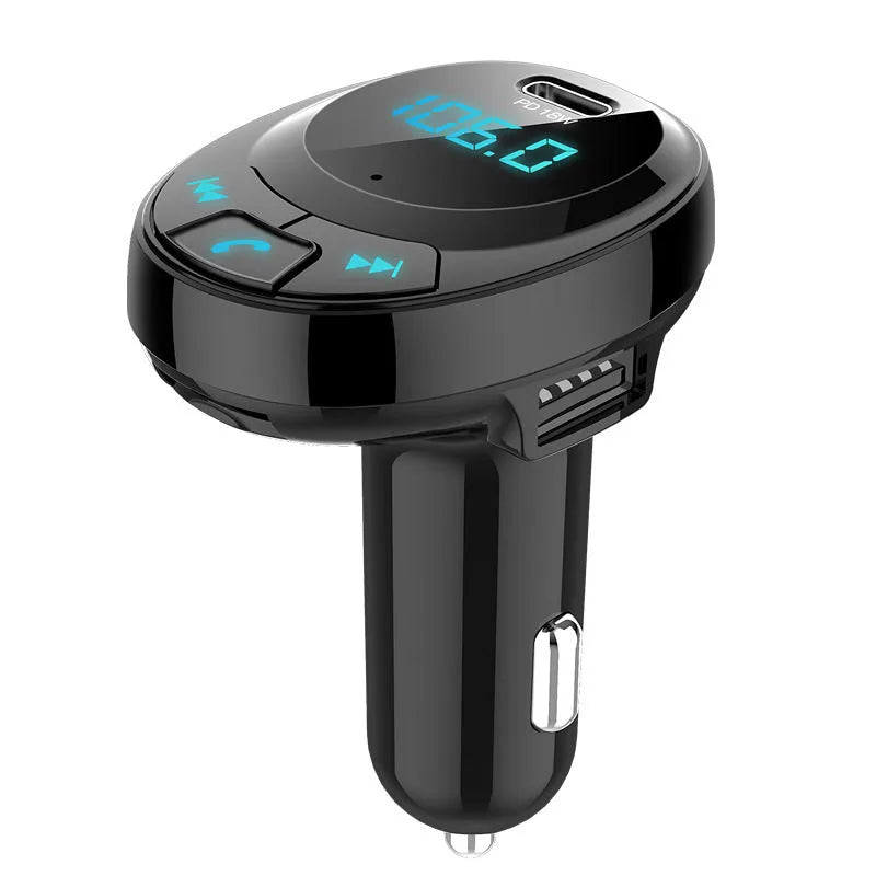 Black car MP3 charger with digital screen and dual USB ports for Bluetooth streaming and phone charging