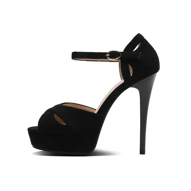 Black women's stiletto sandals with fish mouth toe opening and Roman style platform design
