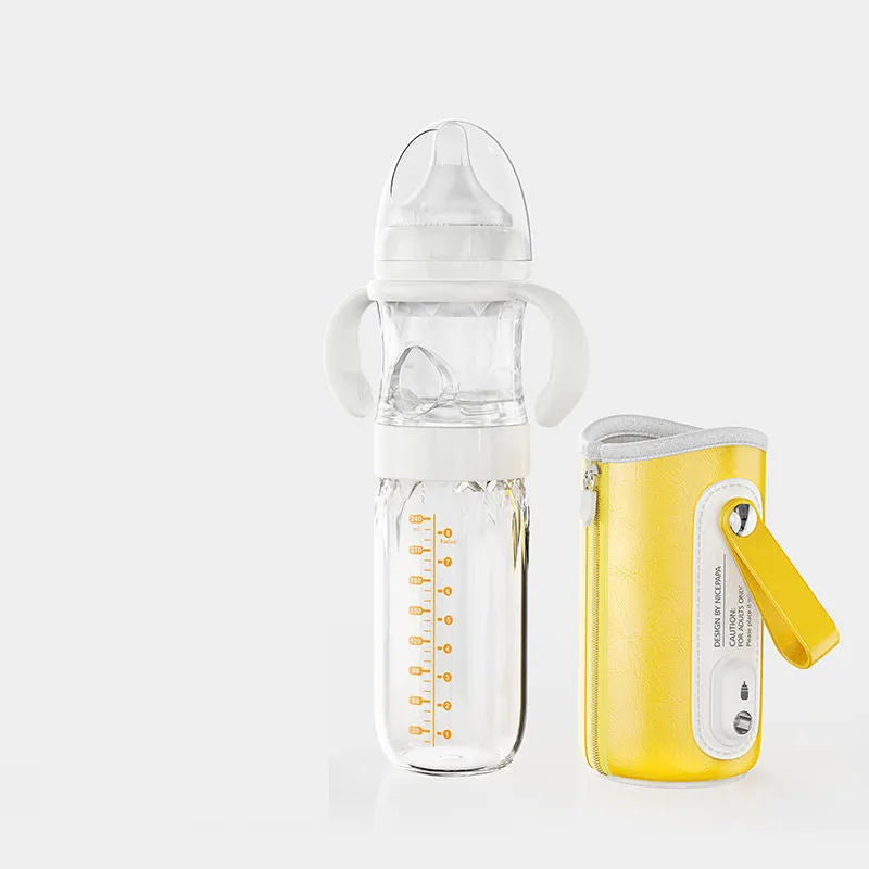 Baby constant temperature glass feeding bottle with USB heating sleeve and handle 240ml