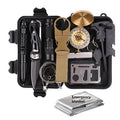 Black stainless steel 13-piece outdoor survival tool set with shockproof case, compass, and flashlight