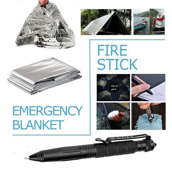 Black stainless steel 13-piece outdoor survival tool set with shockproof case, compass, and flashlight