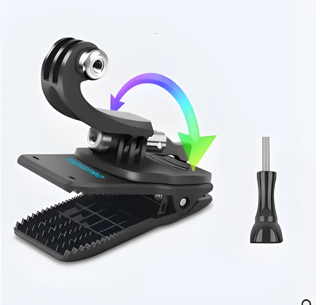 Black 360-degree rotating backpack clip mount for GoPro and action cameras, showing aluminium alloy and ABS construction.