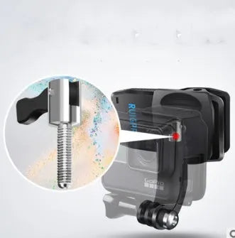 Black 360-degree rotating backpack clip mount for GoPro and action cameras, showing aluminium alloy and ABS construction.