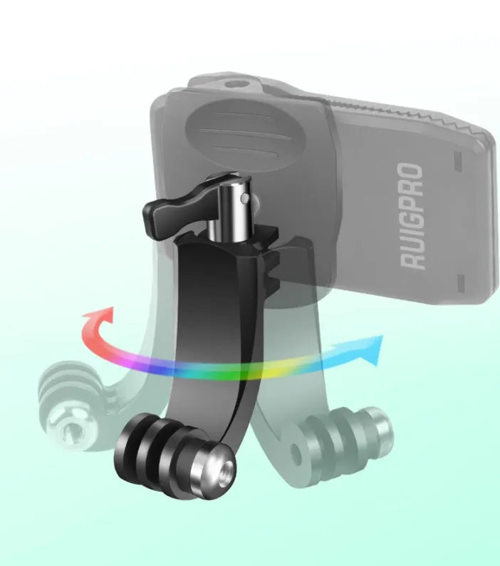 Black 360-degree rotating backpack clip mount for GoPro and action cameras, showing aluminium alloy and ABS construction.
