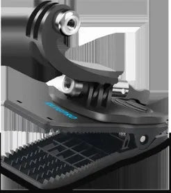 Black 360-degree rotating backpack clip mount for GoPro and action cameras, showing aluminium alloy and ABS construction.