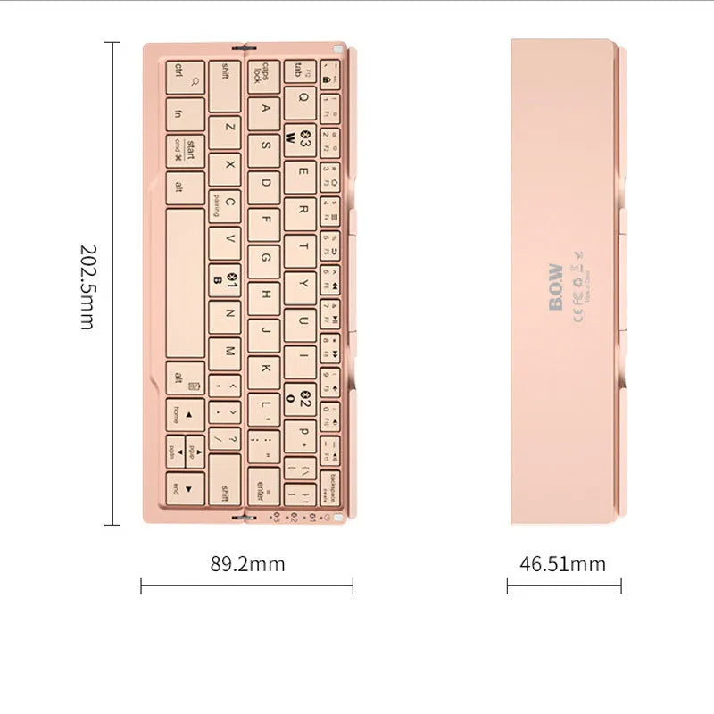 Silver white folding Bluetooth keyboard open with phone on stand and closed showing compact size